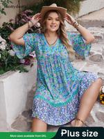 Plus Size Floral & Paisley Print Contrast Lace Ruffle Hem Smock Dress, Casual Ruched Flounce Sleeve V Neck Short Sleeve Dress...