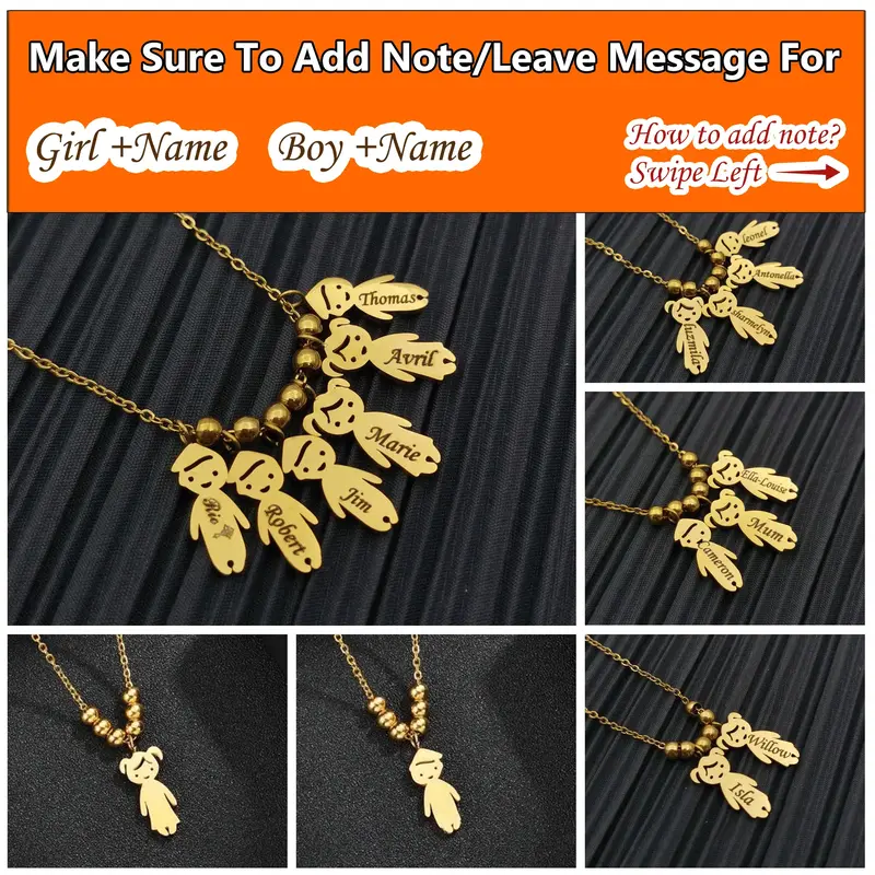 (Add Note or Leave message For Names) Customized Engraved Writing Boys and Girls Children's Pendants Stainless Steel Necklace...