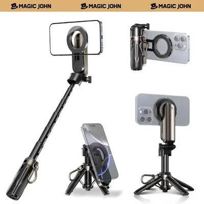 MAGIC JOHN 4-in-1 Multifunctional Magnetic Selfie Stick – 360° Rotation, Compact & Stylish, With wireless Bluetooth contro...