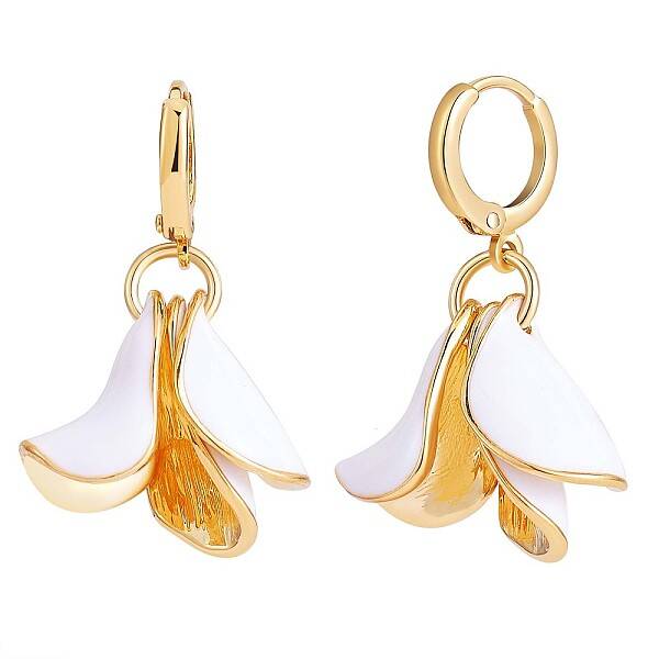 White Enamel Lilies Flower Dangle Hoop Earrings