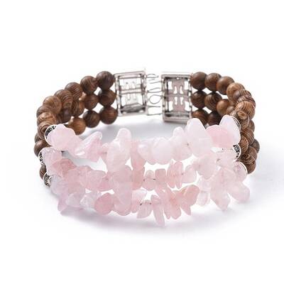 Three Loops Natural Rose Quartz Chip Beads Wrap Bracelets