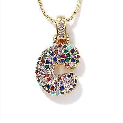 Brass Pave Colorful Cubic Zirconia Letter Pendant Box Chain Necklaces