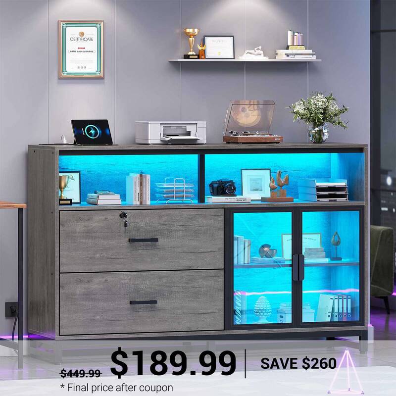 SEDETA 59 Inch File Cabinet Display Cabinet with LED Lights Power Strip for Home Office Fit Legal/Letter/A4 File Grey Home Of...