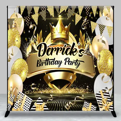 Custom Name Black Gold Balloons Birthday Backdrop