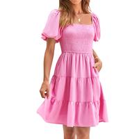 ZESICA Women's 2025 Boho Summer Square Neck Puff Sleeve Off Shoulder Smocked Tiered Casual A Line Short Mini Dress Womenswear...