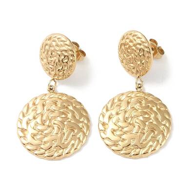 Texture Flat Round 304 Stainless Steel Dangle Earrings