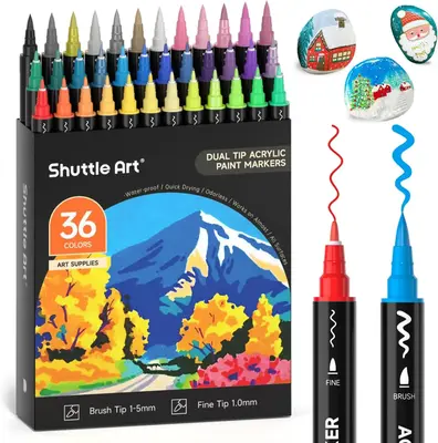 Shuttle Art 28/36/48/60 Colors Dual Tip Acrylic Paint Markers, Brush/dot tip and Fine Tip for Rock Painting, Ceramic, Wood, C...