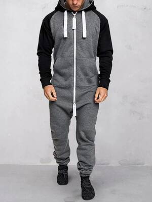 Hooded Fleece Solid Color Jumpsuit, Grey/White / XXXL