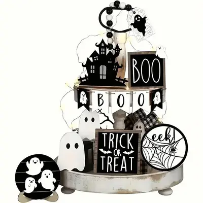 Halloween Tiered Tray Decorations, 13pcs/set Ghost & Pumpkin & Letter Pattern Wooden Ornament, Halloween Decorations for Home...