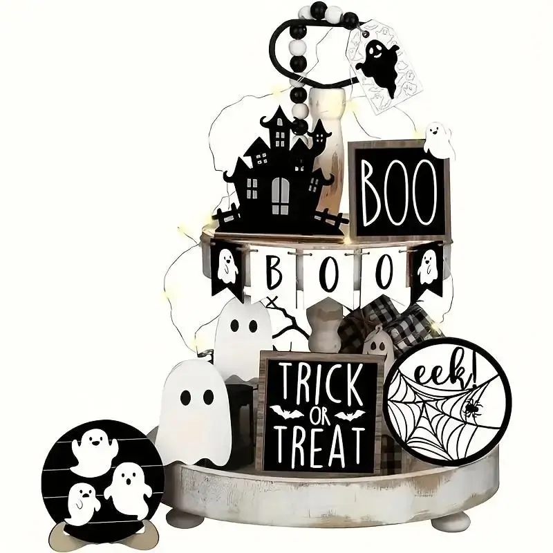 Halloween Tiered Tray Decorations, 13pcs/set Ghost & Pumpkin & Letter Pattern Wooden Ornament, Halloween Decorations for Home...