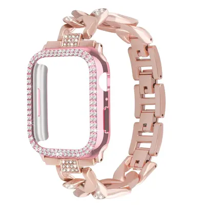 Artificial Rhinestone Decorated Case & Chain Watchband (Case & Band Only), Stainless Steel Sports Watch Band For Women, Fashi...