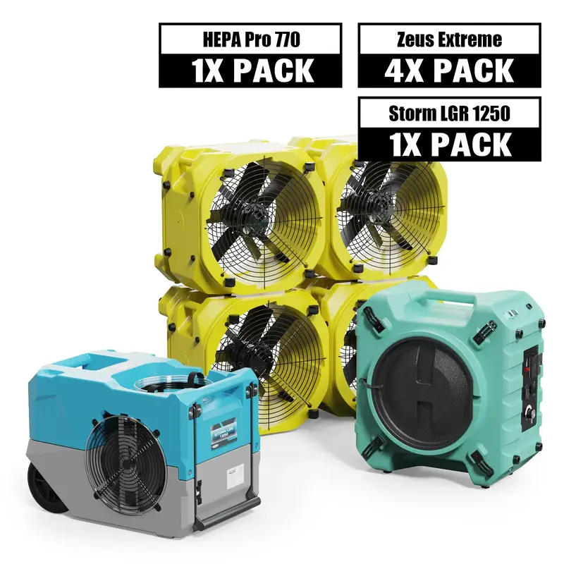 Alorair Mold Prevention Combo Pack, 1 X Storm LGR 1250 Commercial Dehumidifier, 4 X Zeus Extreme Air Mover, 1 X HEPA Pro 770 ...