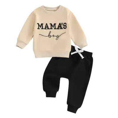 Boys Autumn 2PCS Outfit Sets 0-3Y Long Sleeve O Neck Letter Embroidery Tops Drawstring Pants Sets