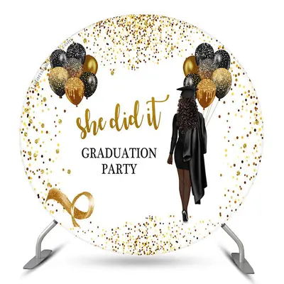 Aperturee Glitter Black Gold She Did It Grad Round Backdrop | Grad Party Picture Backdrop | Custom Graduation Backdrop | Grad...