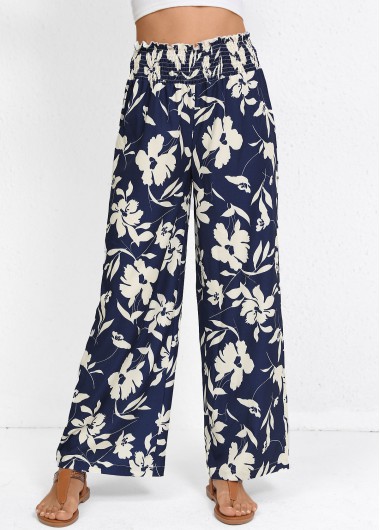Modlily Navy Smocked Plants Print Wide Leg Elastic Waist Pants - L