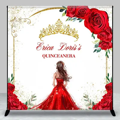 Aperturee Red Rose Gold Crown Custom Name Quinceanera Backdrop | Custom Happy Birthday Banner | Custom Birthday Backdrops | H...