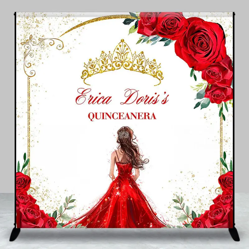 Aperturee Red Rose Gold Crown Custom Name Quinceanera Backdrop | Custom Happy Birthday Banner | Custom Birthday Backdrops | H...