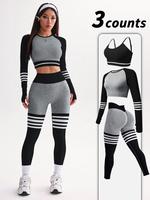 Women's Striped Print Sports Bra & Leggings & Crop Top Tracksuit Set, Sporty Breathable Comfy Outfits for Yoga Gym Workout Ru...