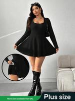 【Plus Size】 Solid Color Ribbed Knit Dress, Elegant Fashion Casual Long Sleeve Dress for Daily Outdoor Wear, Women Clothin...