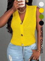 Women's Solid Color Button V Neck Sweater Vests, Casual Sleeveless Knitwear for Summer, Fashion Women's Knit Clothing for Dai...