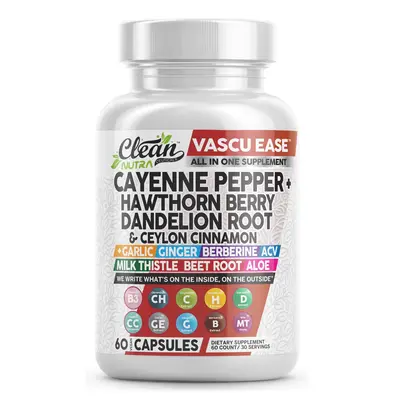 Clean Nutra Vascu Ease | Cayenne Pepper Supplement with Hawthorn Berry Capsules, Dandelion Root, Ceylon Cinnamon, Garlic, Gin...