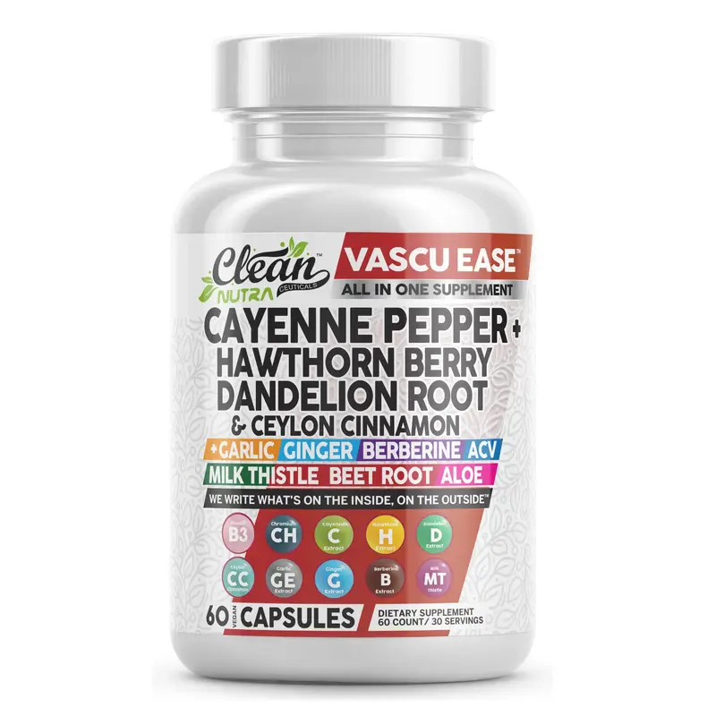 Clean Nutra Vascu Ease | Cayenne Pepper Supplement with Hawthorn Berry Capsules, Dandelion Root, Ceylon Cinnamon, Garlic, Gin...