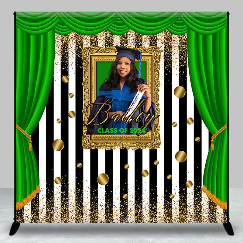 Green Curtain Frame Stripe Custom Graduation Backdrop - Aperturee
