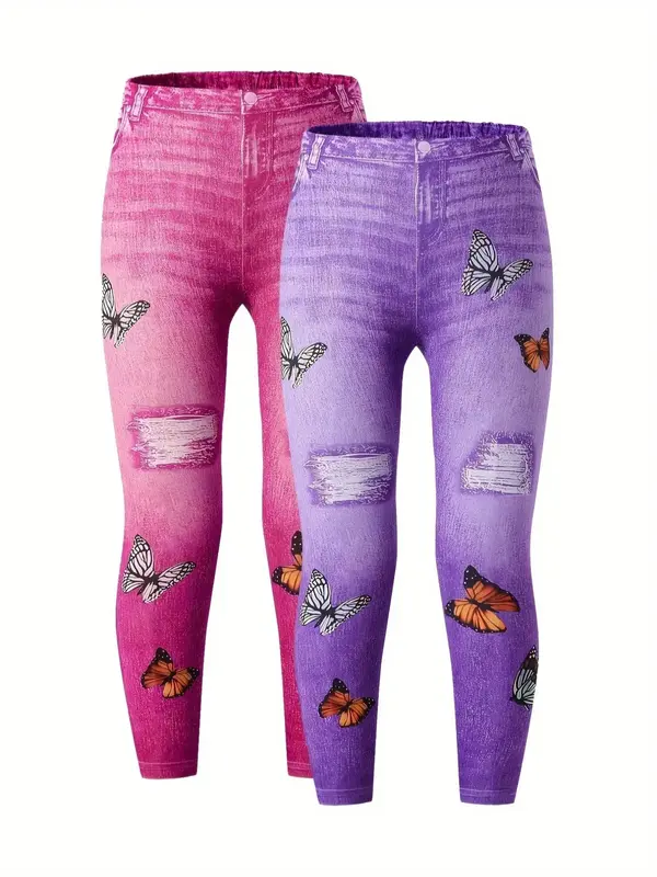 Girl's Butterfly Print Denim-Effect Print Leggings, Casual Comfy Skinny Pants for Spring & Fall, Kids Bottoms for Daily Wear