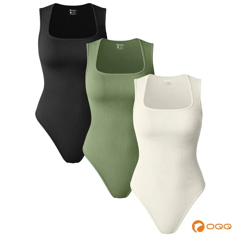 OQQfitness Womenswear Three-Piece Ribbed Square Neck Tank Bodysuit with Fitted Design, 90% Nylon 10% Spandex, Comfortable and...