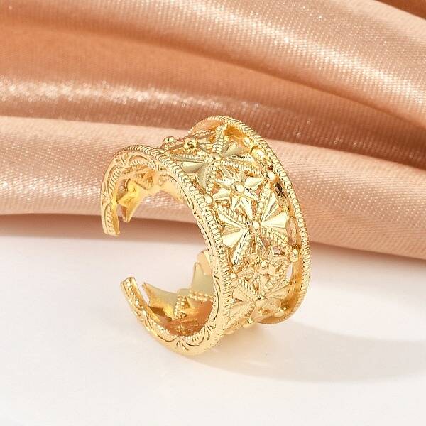 Star Pattern Hollow Brass Open Cuff Rings for Women