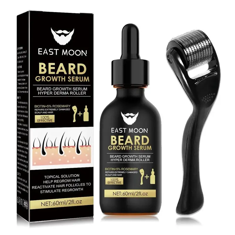Beard Growth Serum&Beard Massage Derma Roller,Beard Care Nutritional Oil, Making Beards Thicker and More Shiny, Men's Daily B...