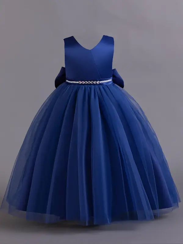 Girl's Rhinestone Decor Bow Back Decor Tulle Dress, Elegant Sleeveless V Neck High Waist Fit & Flare Dress for Party Evening ...