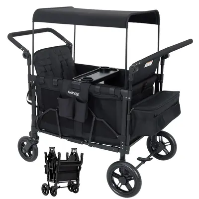 Garvee 2-in-1 Foldable Double Stroller Wagon with Canopy and Adjustable Handle for Twins & Toddler, Black
