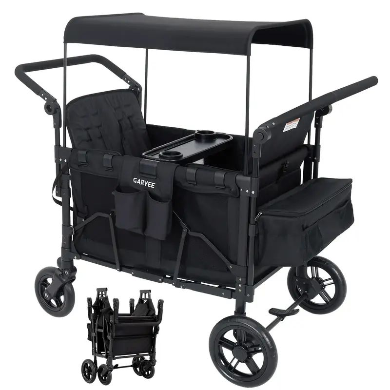 Garvee 2-in-1 Foldable Double Stroller Wagon with Canopy and Adjustable Handle for Twins & Toddler, Black