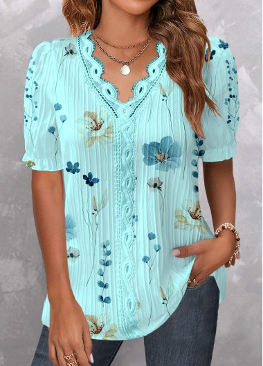 Modlily Cyan Patchwork Floral Print Short Sleeve V Neck Blouse - XXL