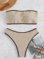 Two-Piece Set Women's Summer Textured Contrast Binding Bikinis Sets, Casual Sleeveless Padded Bandeau Swim Top & High Cut Swi...