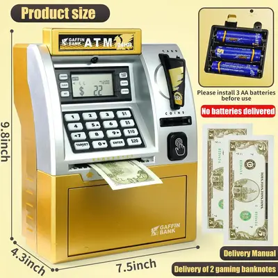 Smart ATM Piggy Bank Toy Featuring Debit Card, Bill Feeder, Coin Recognition, and Balance Calculation Functions in a Digital...