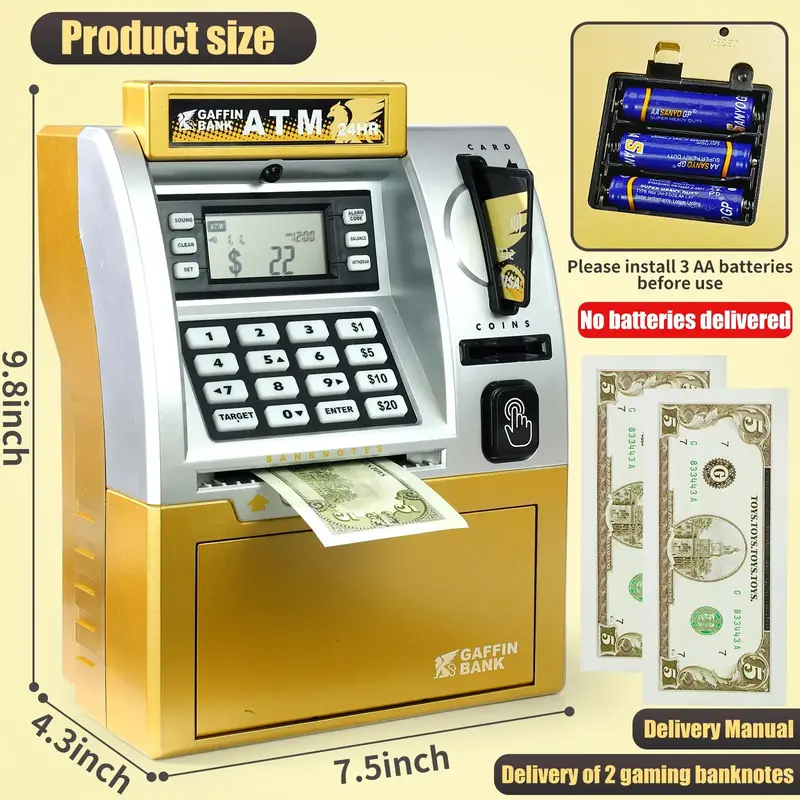 Smart ATM Piggy Bank Toy  Featuring Debit Card, Bill Feeder, Coin Recognition, and Balance Calculation Functions in a Digital...