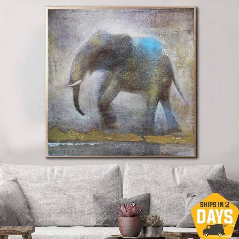 Elephant Wall Art Animal Art Large Original Oil Painting Gold Leaf Art Elephant Painting | ELEPHANT IN THE FOG 32"x32&qu...