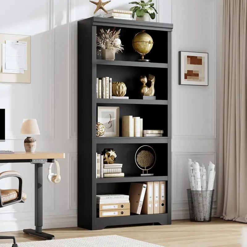 Garvee 5 Tier Bookshelf, 69 Tall Farmhouse Bookcase with Adjustable Shelves, 31.5 W Floor Standing Open Display Storage Rac...