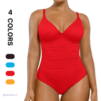 Shapellx Womens' V-neck One-piece Swimsuit  Back Drawstring Triangle-Cut Bottom Customizable Shoulder Band Removable Chest Pa...