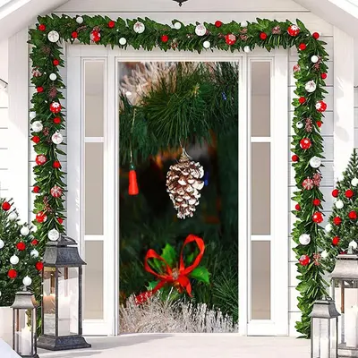 Green Leaves Pinecone Bokeh Christmas Door Cover - Aperturee