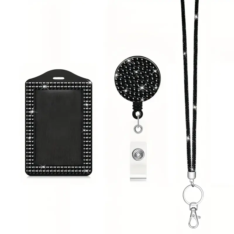 3 In 1 Rhinestone Lanyard with Bling ID Card Holder Set (1 Set), Retractable Badge Reel Neck Sparkly Lanyard with Metal Clasp...