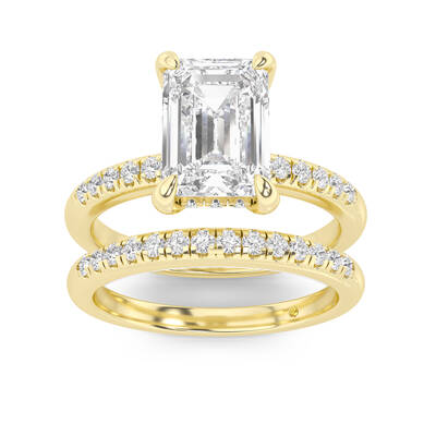 Aurelia Lab Grown Emerald Cut  Diamond Engagement Ring with the BonBon Quarter Coverage Wedding Band | 10K Yellow Gold 2 1/2 ...