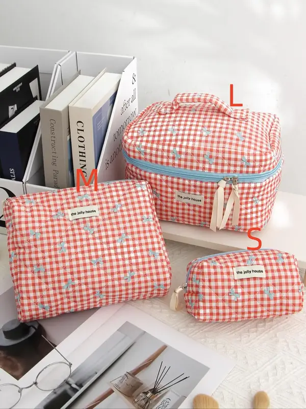 Plaid & Bow Pattern Makeup Bag, Large Capacity Makeup Bag, New Fashion Portable Letter Patched Design Cosmetic Bag for Travel...