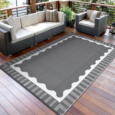 Garvee Reversible Outdoor Patio Rug - Waterproof & UV Resistant Plastic Carpet - Modern Grey White, Easy Clean, For Garden, C...