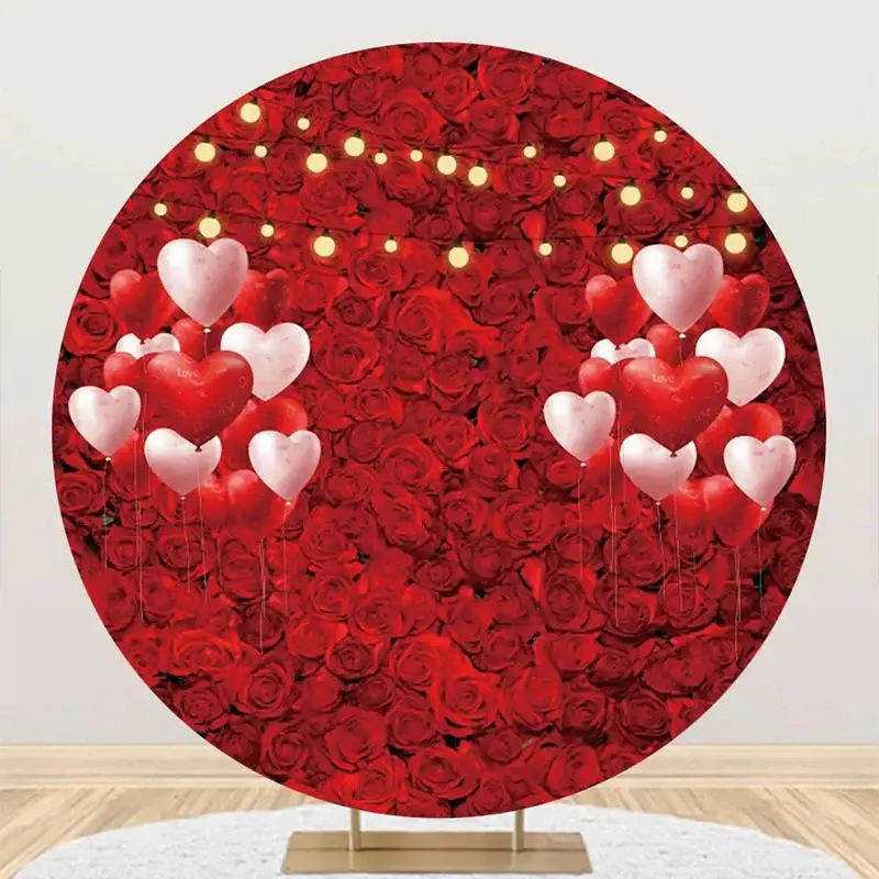 Red Floral Heart Balloon Round Wedding Backdrop - Aperturee