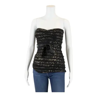 YES OR NO Y2K Strapless Frill Belted Top Black V-Neck Floral Sleeveless Womens XS