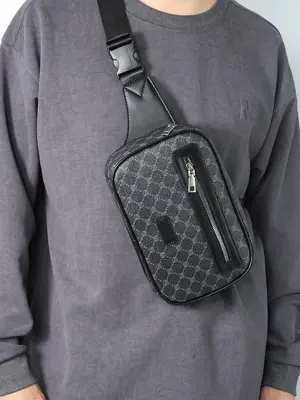 Men's All Over Presbyopia Print Patched Design Zipper Sling Bag, Men's Designer Bags, Casual Luxury Designer Sling Bag Daily,...