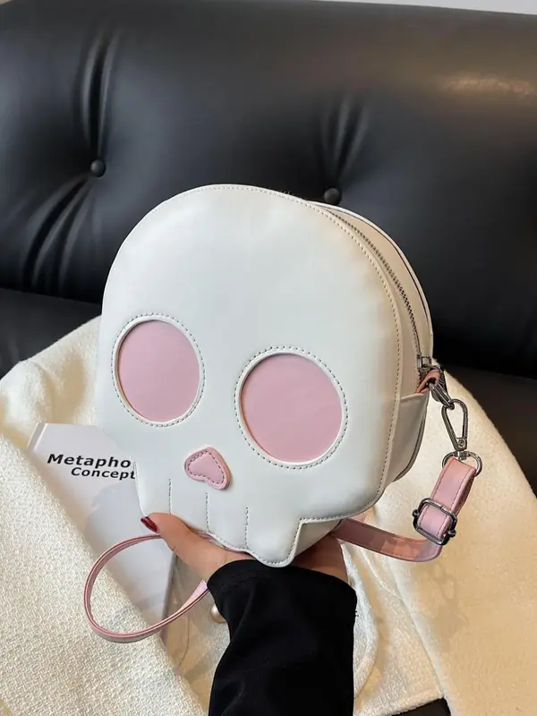 Women's Cute Punk Goth Skull Print Zipper Crossbody Bag, Simple Plain Large Capacity Shoulder Bag for Work & Daily Use, Perso...
